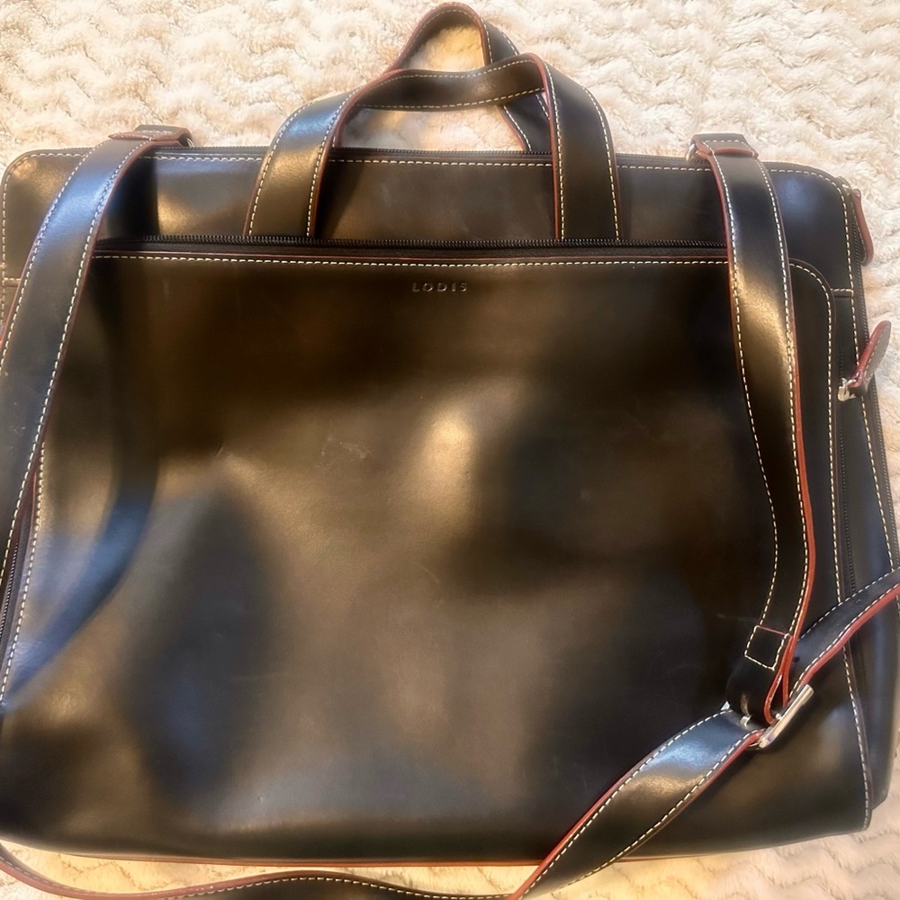 Lodis Black Leather Briefcase with Red Accents
